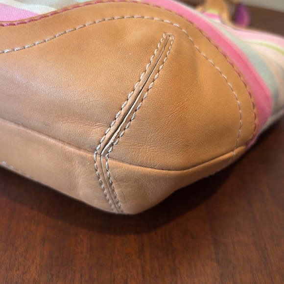 Coach Hampton striped mini bag  Vintage canvas pink green/2 color leather handle - Picture 8 of 15